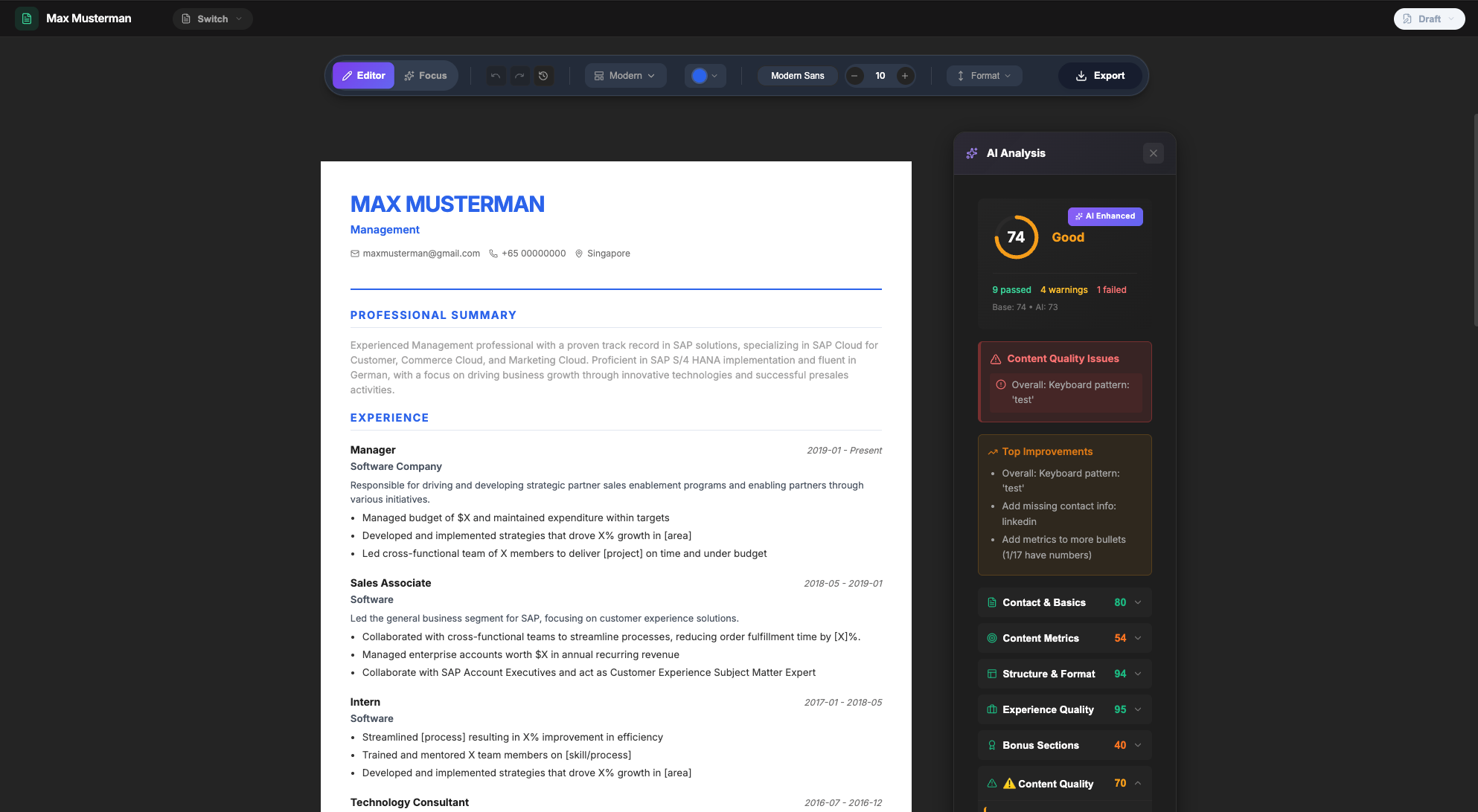 Reziq resume editor in dark mode showing a 3-panel interface: form editor on the left, live resume preview in the center, and AI analysis with ATS score on the right