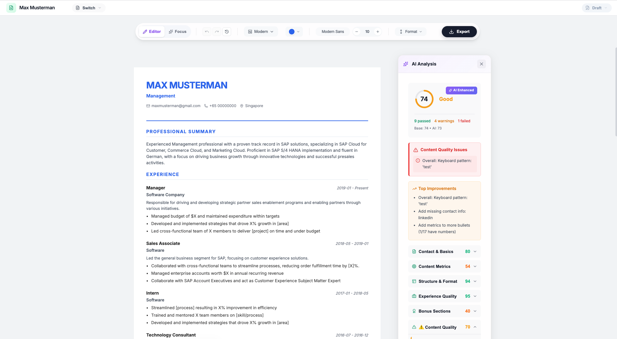 Reziq resume editor showing a 3-panel interface: form editor on the left, live resume preview in the center, and AI analysis with ATS score on the right