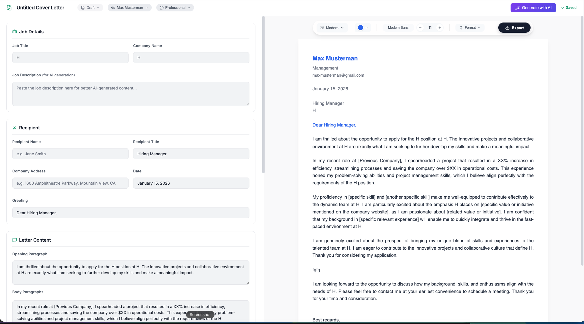 Reziq cover letter editor with job-tailored AI generation