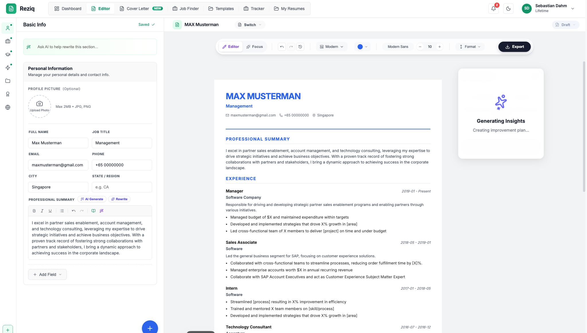 Reziq 3-pane editor with content editor, live preview, and AI analysis sidebar
