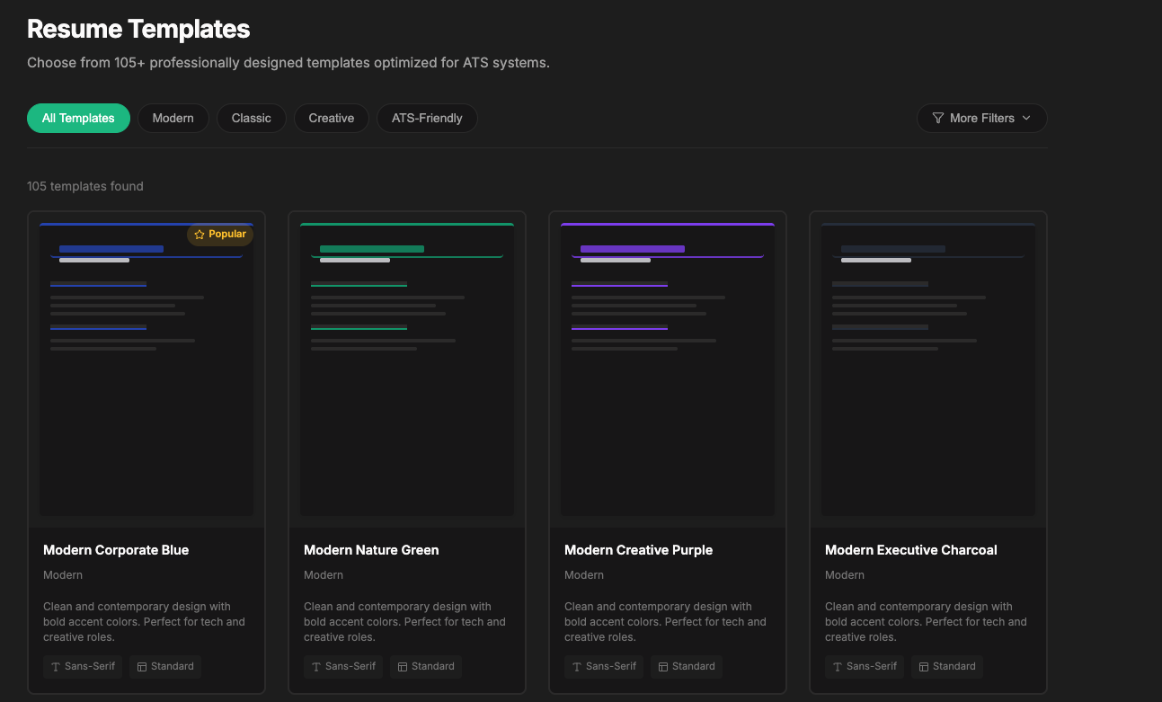 Reziq template gallery with student and entry-level resume templates